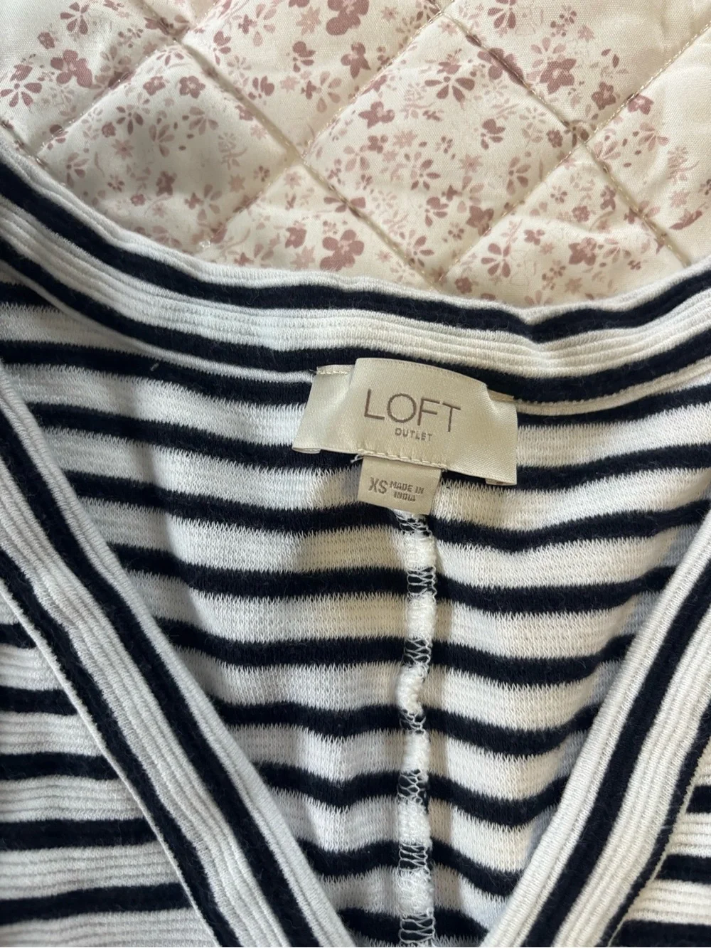 LOFT Black and White Striped V-Neck Short Sleeve Top